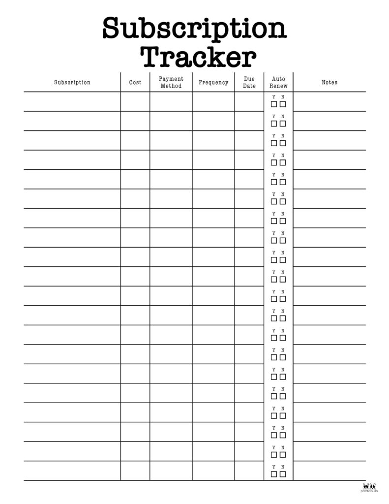 subscription trackers - 12 free printables | printabulls